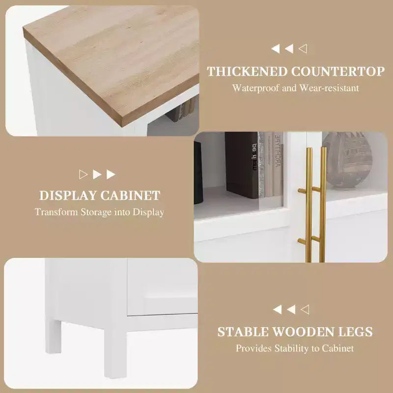 55 Large Buffet Sideboard Cabinet with 4 Glass Doors and Shelves, Modern Farmhouse Storage Cabinet Table for Kitchen Dining Room Living Room Hallway