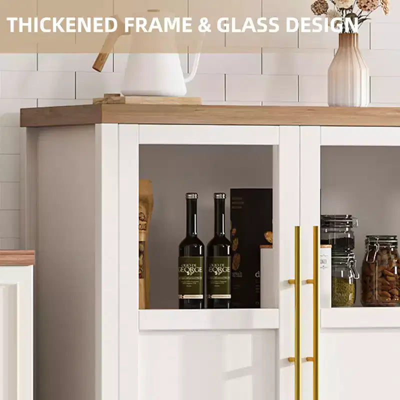 55 Large Buffet Sideboard Cabinet with 4 Glass Doors and Shelves, Modern Farmhouse Storage Cabinet Table for Kitchen Dining Room Living Room Hallway