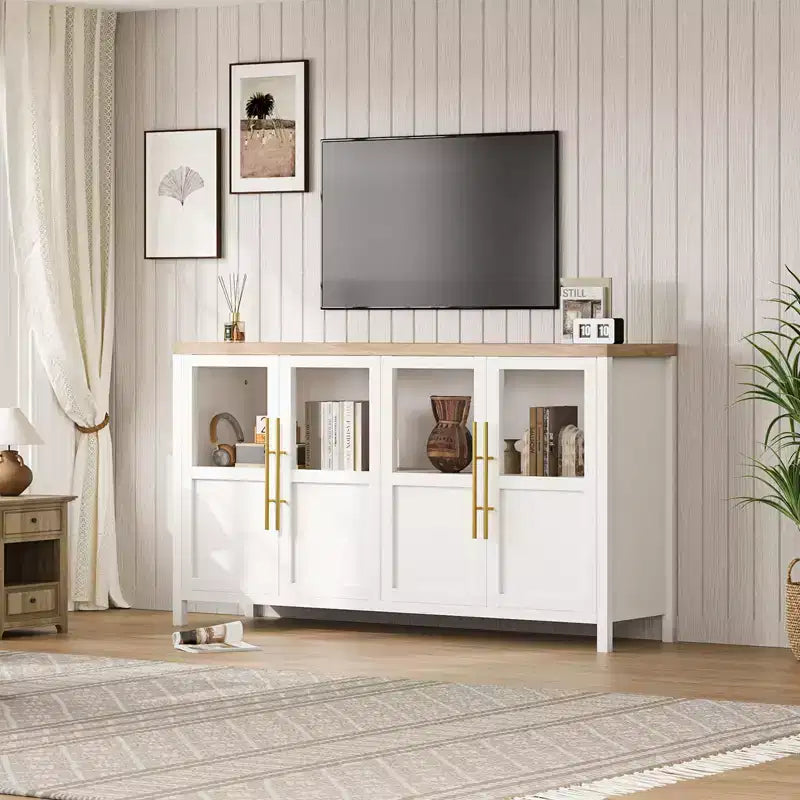 55 Large Buffet Sideboard Cabinet with 4 Glass Doors and Shelves, Modern Farmhouse Storage Cabinet Table for Kitchen Dining Room Living Room Hallway