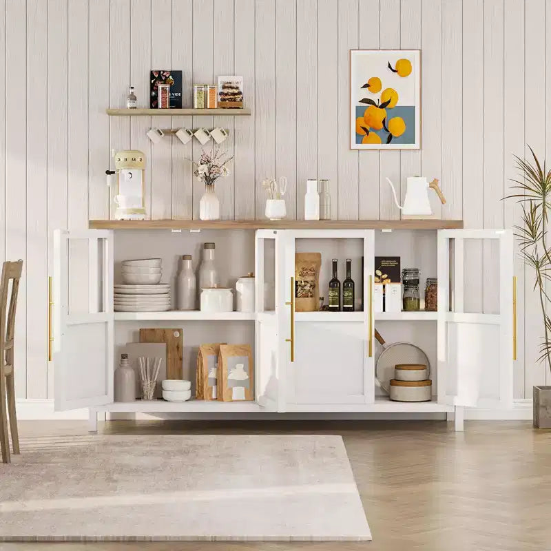 55 Large Buffet Sideboard Cabinet with 4 Glass Doors and Shelves, Modern Farmhouse Storage Cabinet Table for Kitchen Dining Room Living Room Hallway