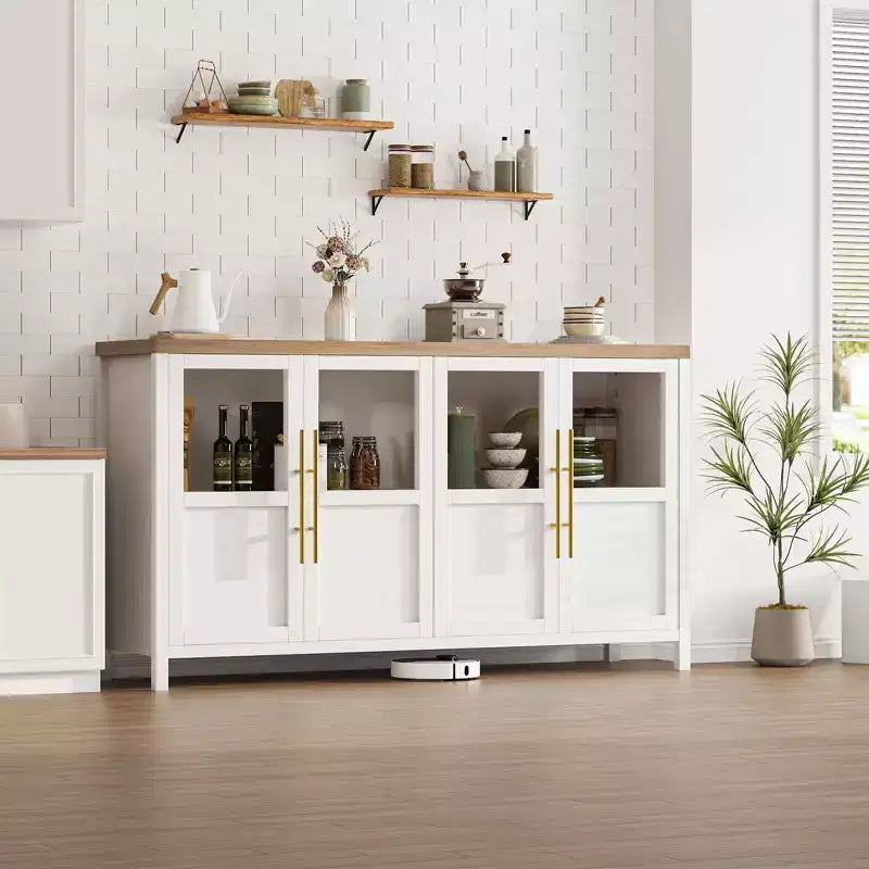 55 Large Buffet Sideboard Cabinet with 4 Glass Doors and Shelves, Modern Farmhouse Storage Cabinet Table for Kitchen Dining Room Living Room Hallway