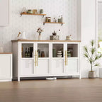 55 Large Buffet Sideboard Cabinet with 4 Glass Doors and Shelves, Modern Farmhouse Storage Cabinet Table for Kitchen Dining Room Living Room Hallway