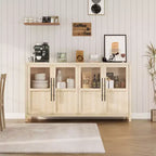 55 Large Buffet Sideboard Cabinet with 4 Glass Doors and Shelves, Modern Farmhouse Storage Cabinet Table for Kitchen Dining Room Living Room Hallway