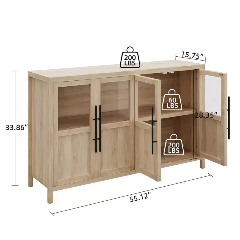 55 Large Buffet Sideboard Cabinet with 4 Glass Doors and Shelves, Modern Farmhouse Storage Cabinet Table for Kitchen Dining Room Living Room Hallway