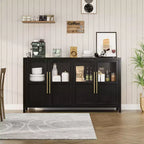 55 Large Buffet Sideboard Cabinet with 4 Glass Doors and Shelves, Modern Farmhouse Storage Cabinet Table for Kitchen Dining Room Living Room Hallway
