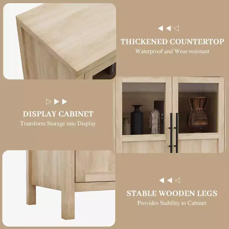 55 Large Buffet Sideboard Cabinet with 4 Glass Doors and Shelves, Modern Farmhouse Storage Cabinet Table for Kitchen Dining Room Living Room Hallway