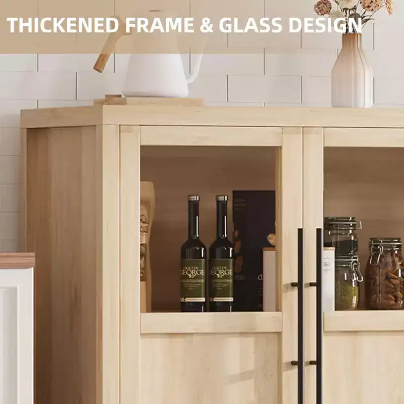 55 Large Buffet Sideboard Cabinet with 4 Glass Doors and Shelves, Modern Farmhouse Storage Cabinet Table for Kitchen Dining Room Living Room Hallway