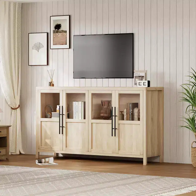 55 Large Buffet Sideboard Cabinet with 4 Glass Doors and Shelves, Modern Farmhouse Storage Cabinet Table for Kitchen Dining Room Living Room Hallway