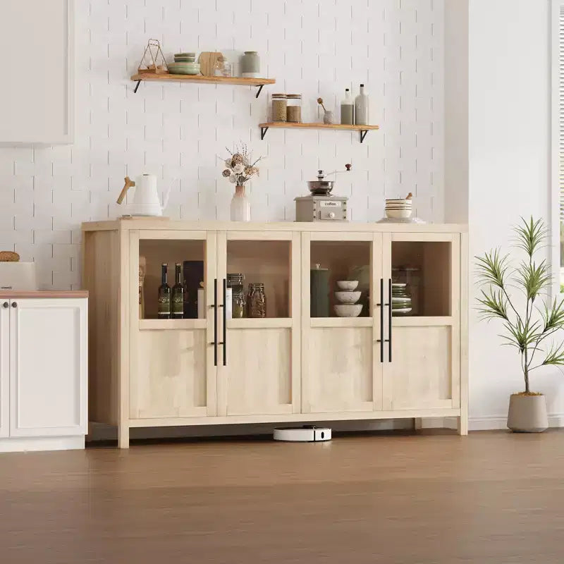 55 Large Buffet Sideboard Cabinet with 4 Glass Doors and Shelves, Modern Farmhouse Storage Cabinet Table for Kitchen Dining Room Living Room Hallway