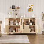 55 Large Buffet Sideboard Cabinet with 4 Glass Doors and Shelves, Modern Farmhouse Storage Cabinet Table for Kitchen Dining Room Living Room Hallway