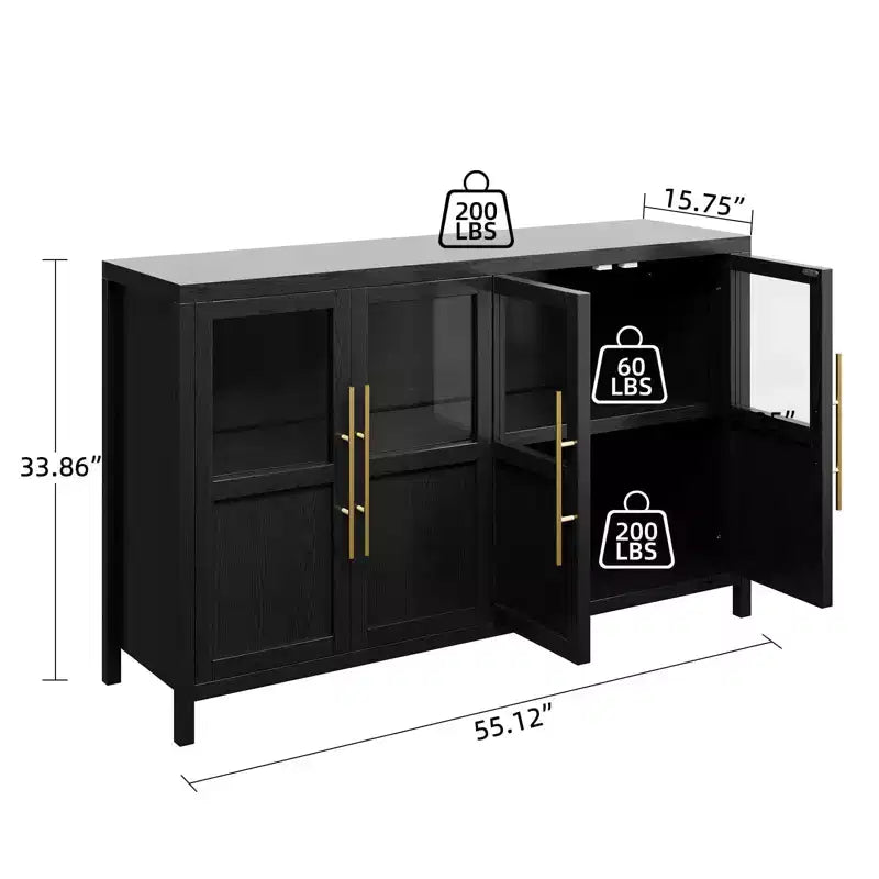 55 Large Buffet Sideboard Cabinet with 4 Glass Doors and Shelves, Modern Farmhouse Storage Cabinet Table for Kitchen Dining Room Living Room Hallway