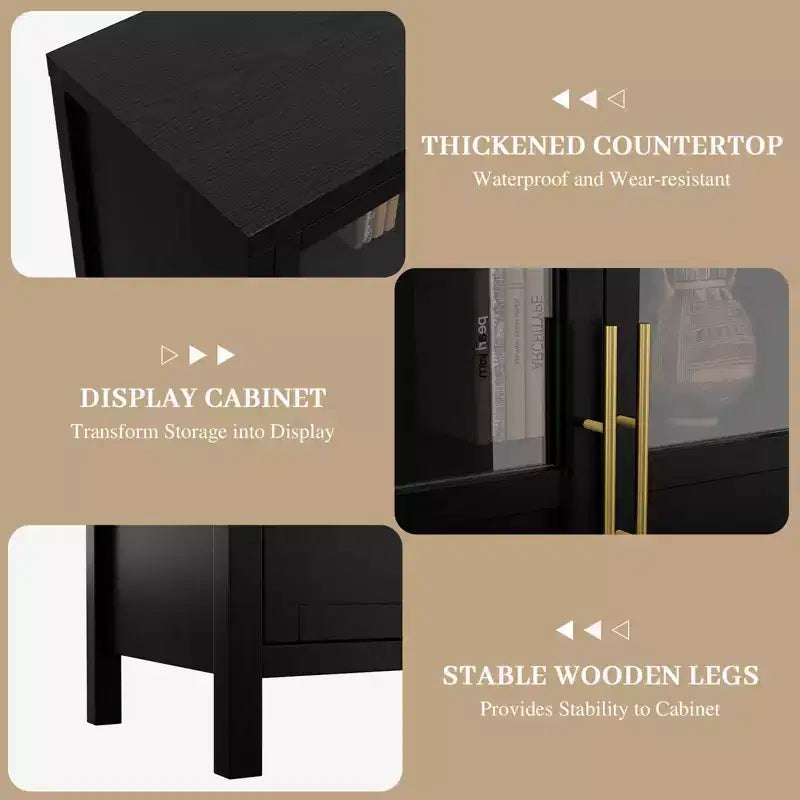 55 Large Buffet Sideboard Cabinet with 4 Glass Doors and Shelves, Modern Farmhouse Storage Cabinet Table for Kitchen Dining Room Living Room Hallway