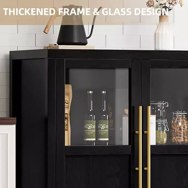 55 Large Buffet Sideboard Cabinet with 4 Glass Doors and Shelves, Modern Farmhouse Storage Cabinet Table for Kitchen Dining Room Living Room Hallway