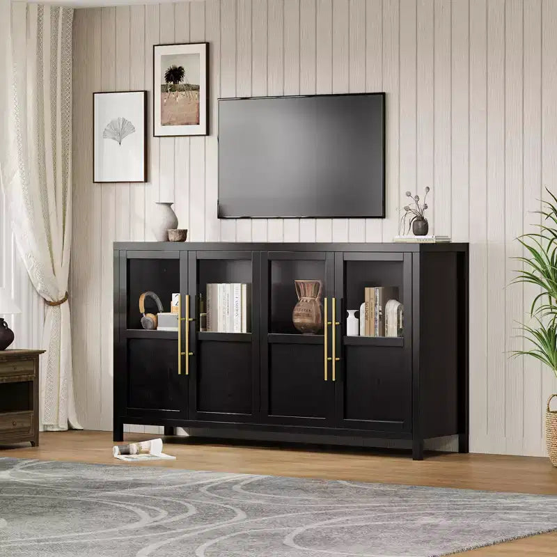 55 Large Buffet Sideboard Cabinet with 4 Glass Doors and Shelves, Modern Farmhouse Storage Cabinet Table for Kitchen Dining Room Living Room Hallway