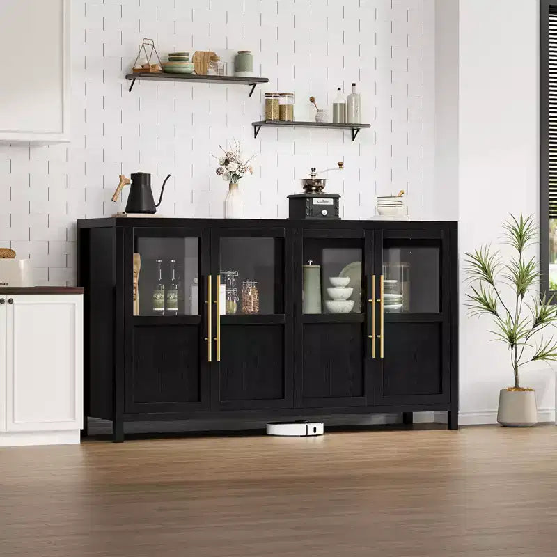 55 Large Buffet Sideboard Cabinet with 4 Glass Doors and Shelves, Modern Farmhouse Storage Cabinet Table for Kitchen Dining Room Living Room Hallway