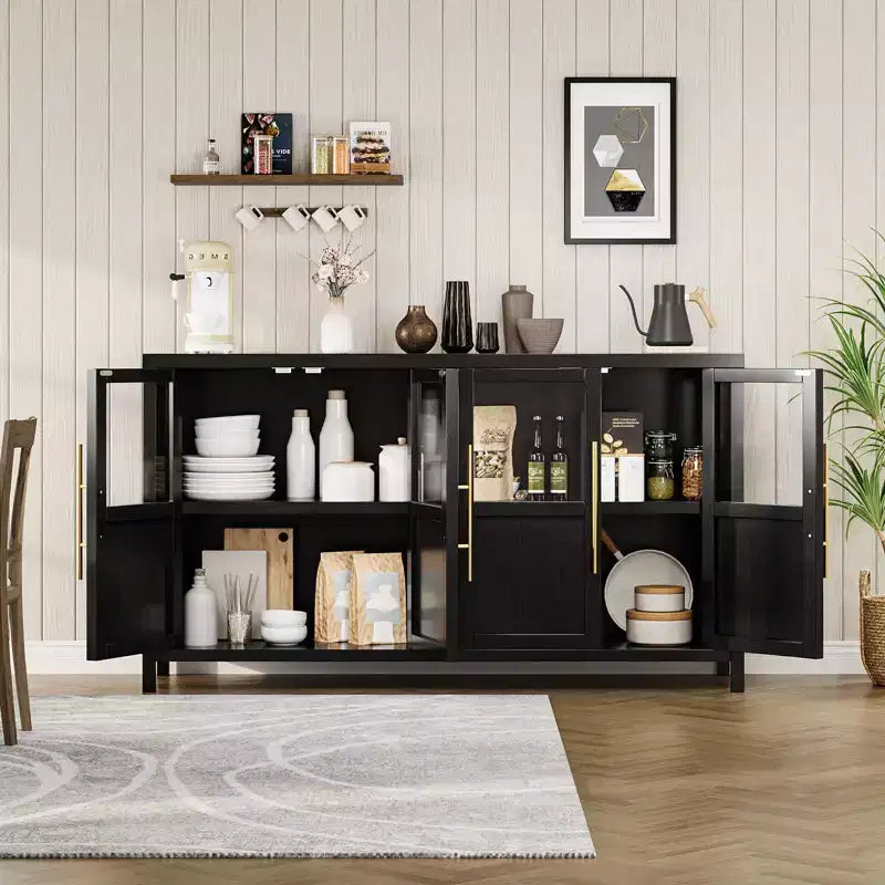 55 Large Buffet Sideboard Cabinet with 4 Glass Doors and Shelves, Modern Farmhouse Storage Cabinet Table for Kitchen Dining Room Living Room Hallway