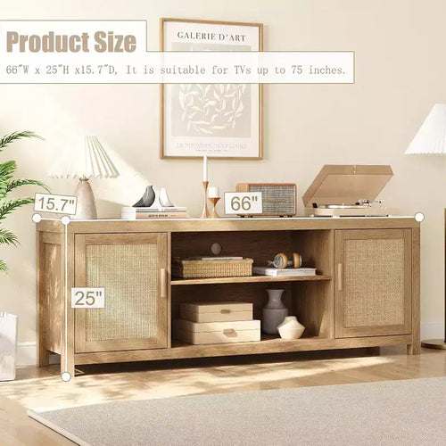 75 Rattan & Oak Boho TV Stand  2-Tier Entertainment Center with Adjustable Shelves, Media Cabinet for Living Room/Bedroom