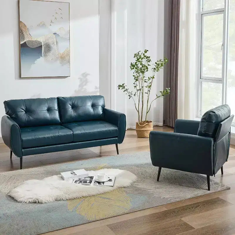 TYBOATLE 61 Mid-Century Modern Tufted Loveseat/L-Shaped Sofa & Chair, Faux Leather Living Room Luxury Sofa Set, for Living Room, Bedroom or Office