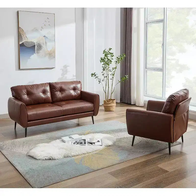 TYBOATLE 61 Mid-Century Modern Tufted Loveseat/L-Shaped Sofa & Chair, Faux Leather Living Room Luxury Sofa Set, for Living Room, Bedroom or Office
