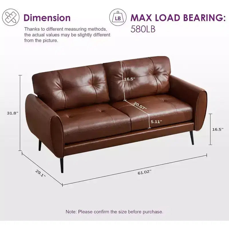 TYBOATLE 61 Mid-Century Modern Tufted Loveseat/L-Shaped Sofa & Chair, Faux Leather Living Room Luxury Sofa Set, for Living Room, Bedroom or Office