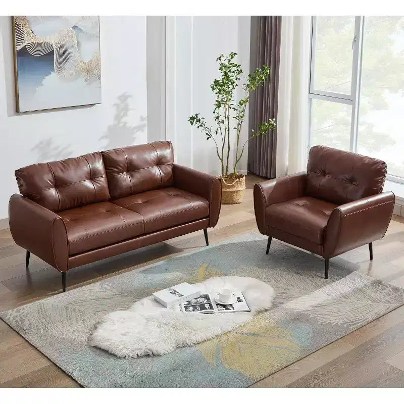 TYBOATLE 61 Mid-Century Modern Tufted Loveseat/L-Shaped Sofa & Chair, Faux Leather Living Room Luxury Sofa Set, for Living Room, Bedroom or Office