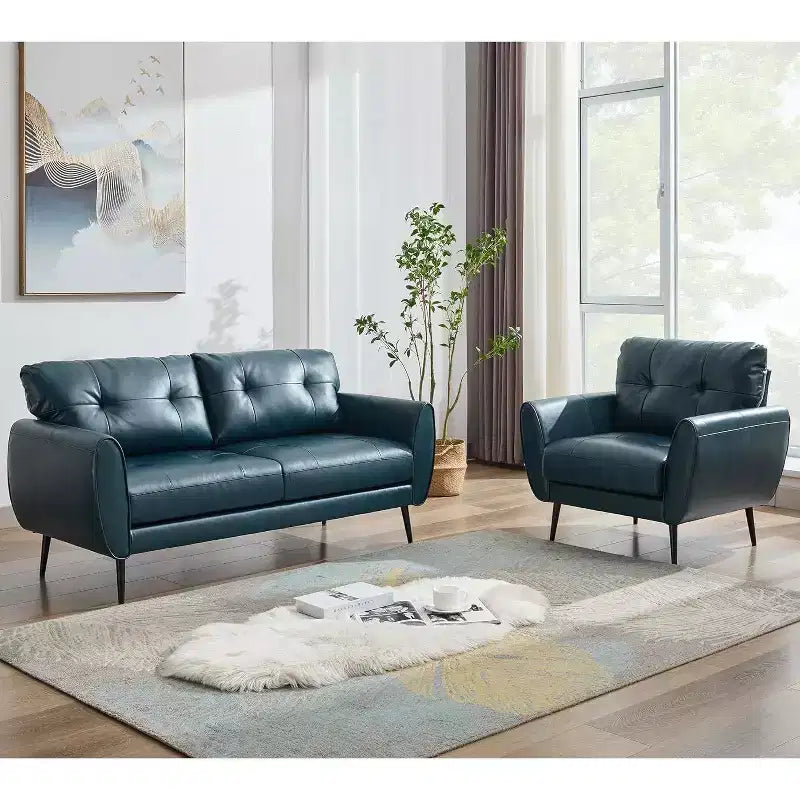 TYBOATLE 61 Mid-Century Modern Tufted Loveseat/L-Shaped Sofa & Chair, Faux Leather Living Room Luxury Sofa Set, for Living Room, Bedroom or Office