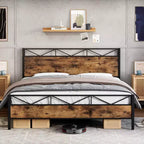 Bed Frame with Headboard, Industrial Platform King Bed Frame, Strong Metal Slats Support, 11'' Under-Bed Storage