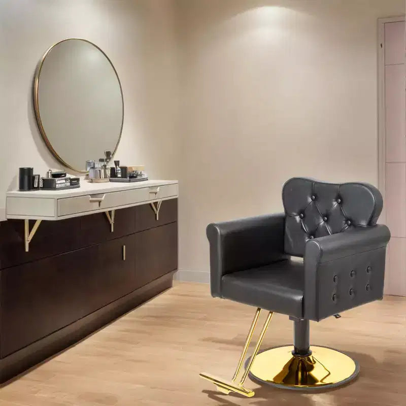 Karl Home Black Gold Heavy Duty Hydraulic Swivel Hair Stylist Salon Chair with Button Tufting