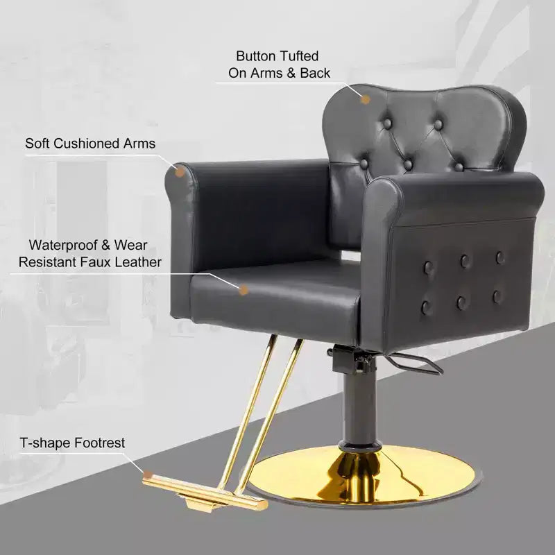 Karl Home Black Gold Heavy Duty Hydraulic Swivel Hair Stylist Salon Chair with Button Tufting