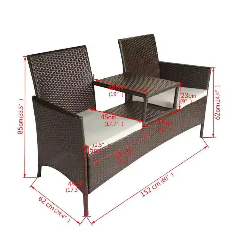 vidaXL 2-Seater Patio Sofa Outdoor Bistro Set with Tea Table Poly Rattan Brown