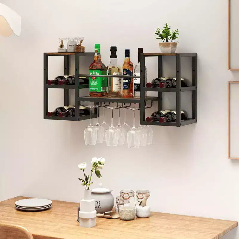 Costway 3-Tier Wall Mounted Wine Rack with Glass Holder Open Shelf Wine Storage Rack Brown
