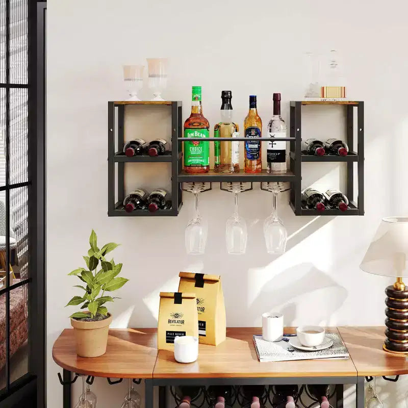 Costway 3-Tier Wall Mounted Wine Rack with Glass Holder Open Shelf Wine Storage Rack Brown