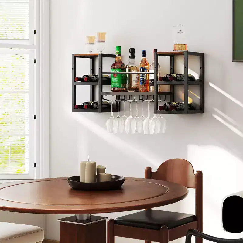 Costway 3-Tier Wall Mounted Wine Rack with Glass Holder Open Shelf Wine Storage Rack Brown