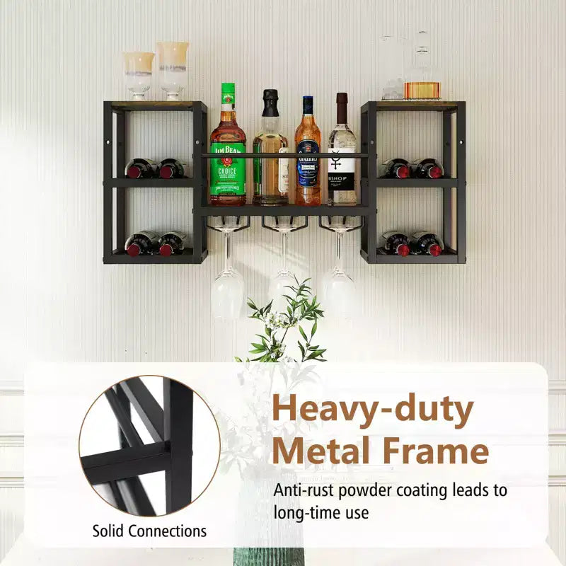 Costway 3-Tier Wall Mounted Wine Rack with Glass Holder Open Shelf Wine Storage Rack Brown