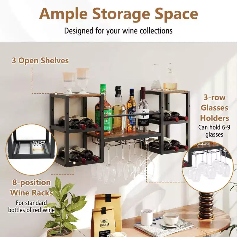 Costway 3-Tier Wall Mounted Wine Rack with Glass Holder Open Shelf Wine Storage Rack Brown