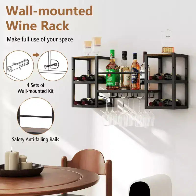 Costway 3-Tier Wall Mounted Wine Rack with Glass Holder Open Shelf Wine Storage Rack Brown