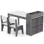 Costway Kids Art Table & Chairs Set with Paper Roll Wooden Craft Study Desk Active Play Gray/Natural