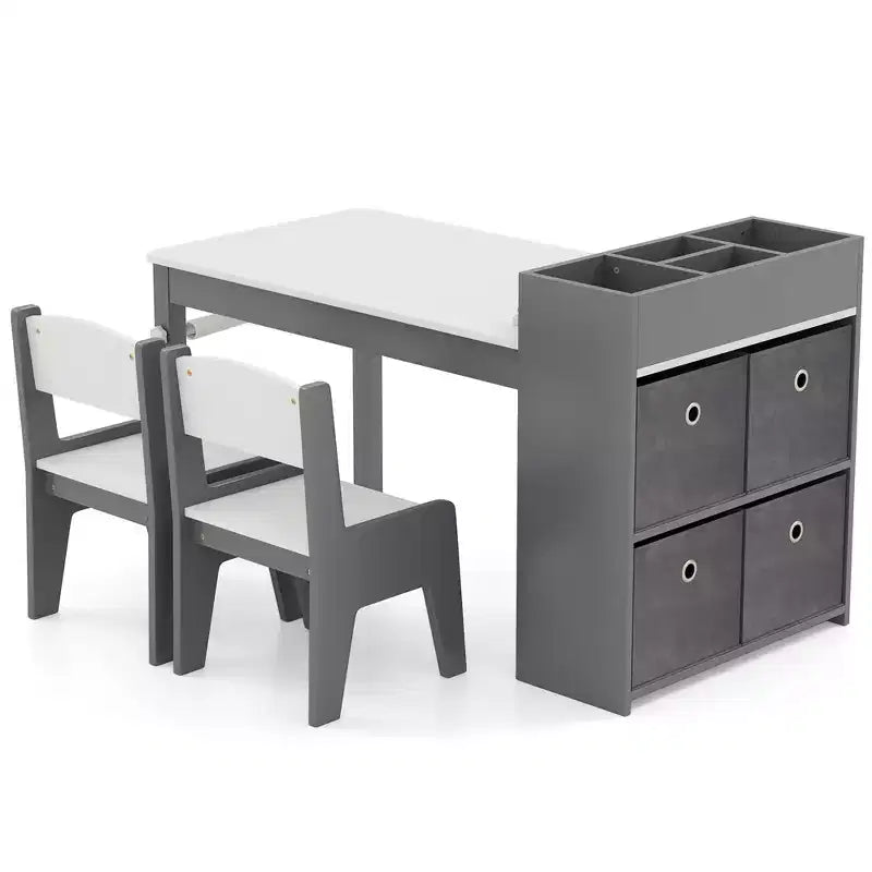 Costway Kids Art Table & Chairs Set with Paper Roll Wooden Craft Study Desk Active Play Gray/Natural