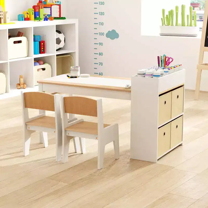Costway Kids Art Table & Chairs Set with Paper Roll Wooden Craft Study Desk Active Play Gray/Natural