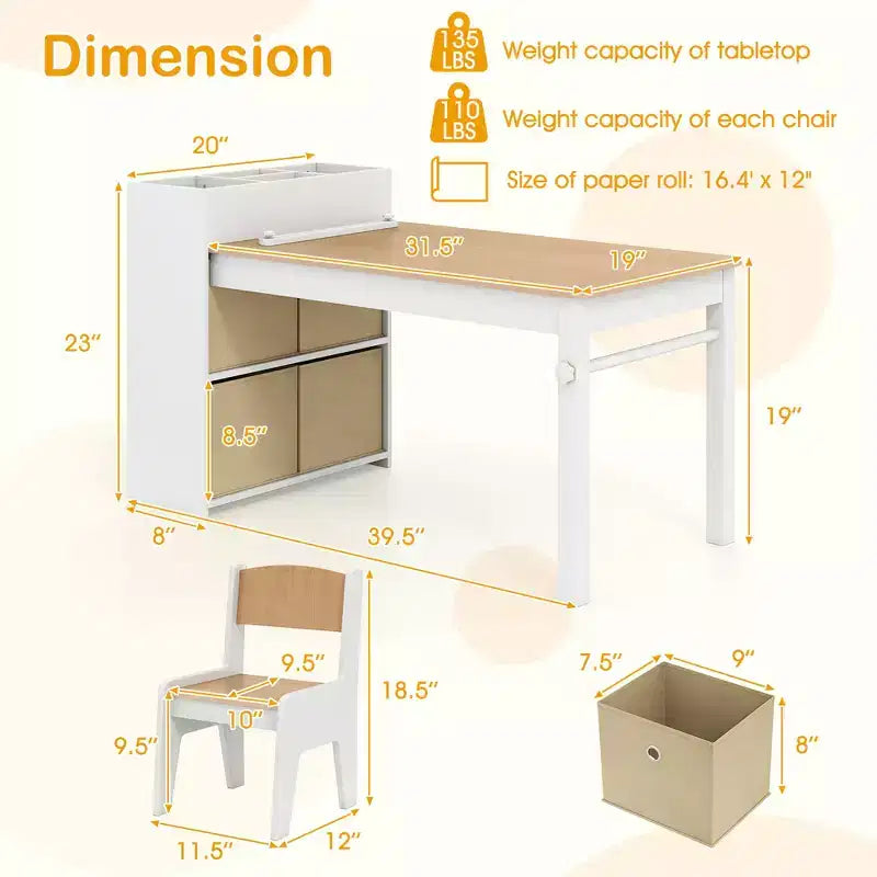 Costway Kids Art Table & Chairs Set with Paper Roll Wooden Craft Study Desk Active Play Gray/Natural