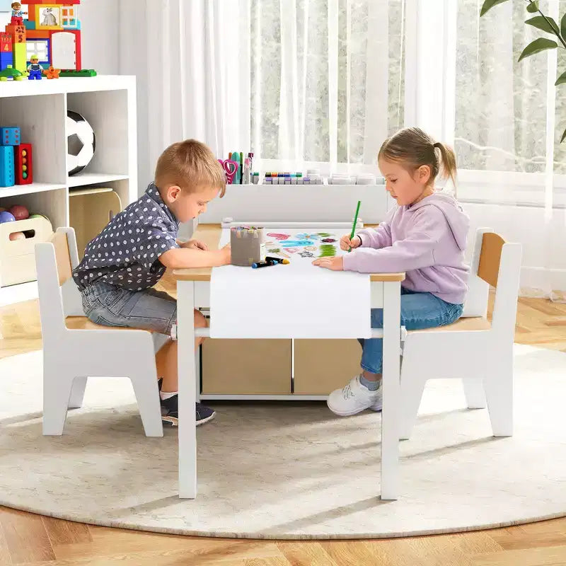 Costway Kids Art Table & Chairs Set with Paper Roll Wooden Craft Study Desk Active Play Gray/Natural