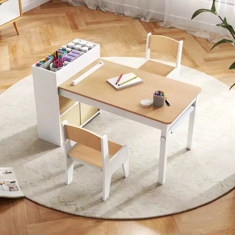 Costway Kids Art Table & Chairs Set with Paper Roll Wooden Craft Study Desk Active Play Gray/Natural