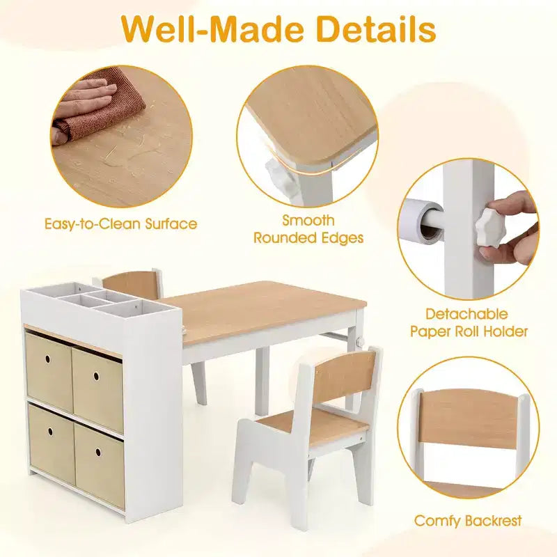 Costway Kids Art Table & Chairs Set with Paper Roll Wooden Craft Study Desk Active Play Gray/Natural