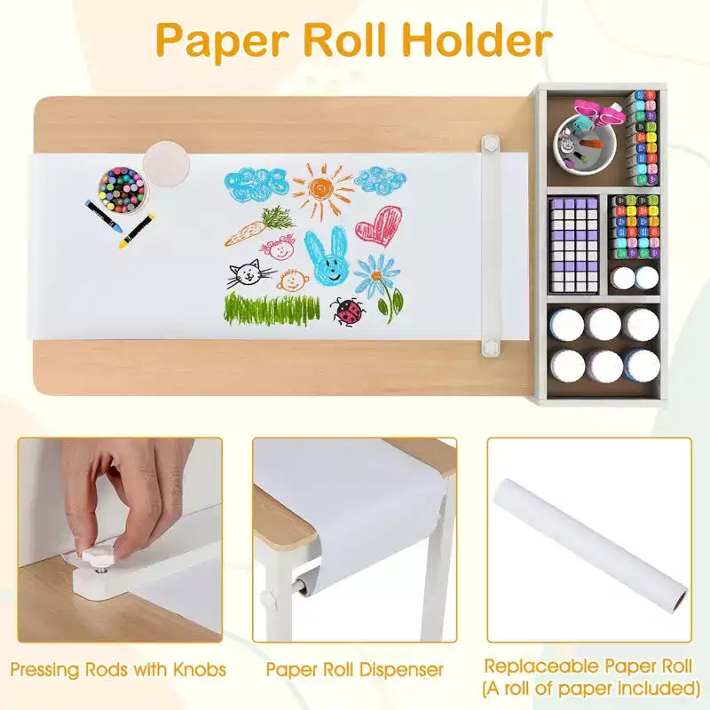 Costway Kids Art Table & Chairs Set with Paper Roll Wooden Craft Study Desk Active Play Gray/Natural