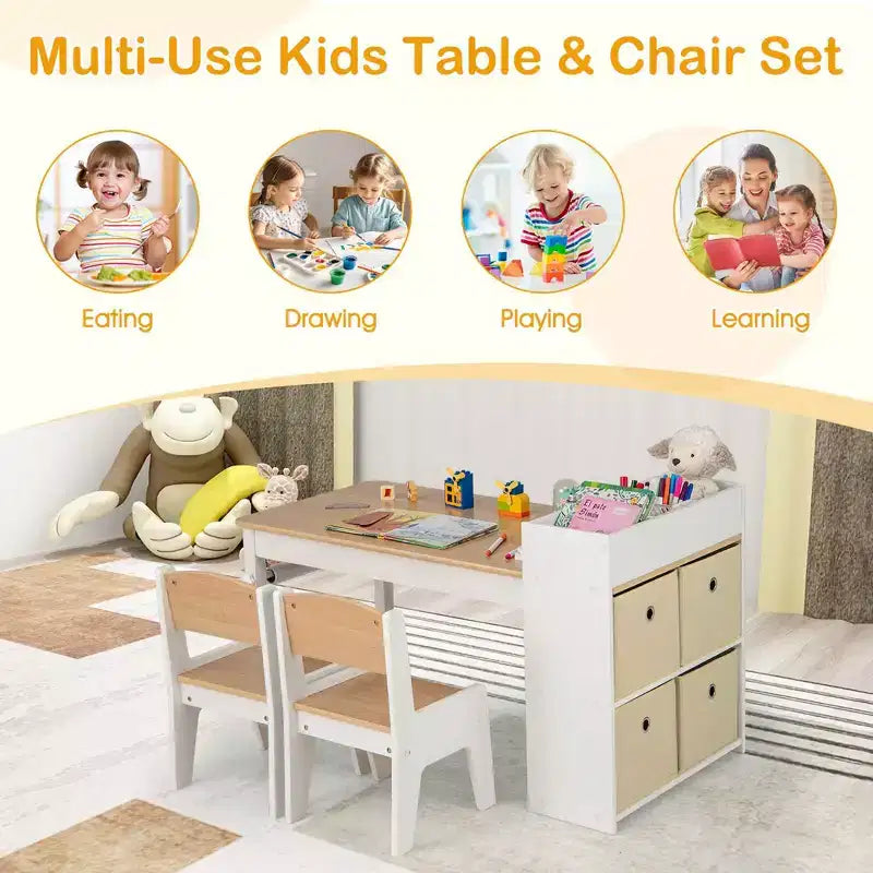 Costway Kids Art Table & Chairs Set with Paper Roll Wooden Craft Study Desk Active Play Gray/Natural