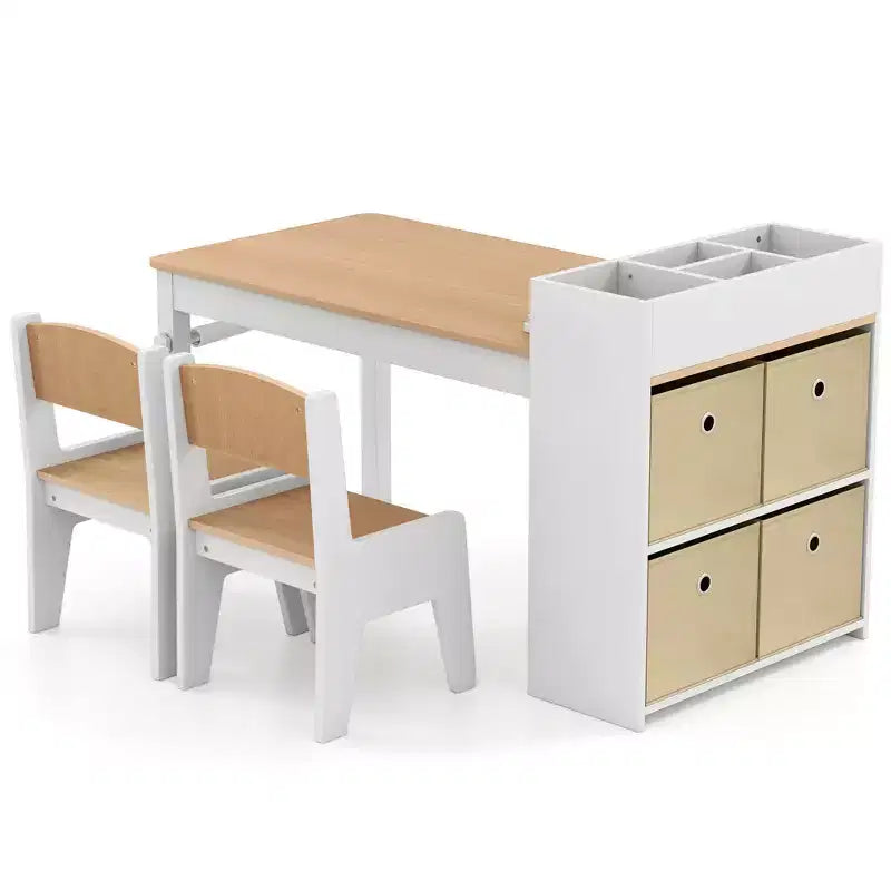 Costway Kids Art Table & Chairs Set with Paper Roll Wooden Craft Study Desk Active Play Gray/Natural