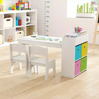 Costway Kids Art Table & Chairs Set with Paper Roll Wooden Craft Study Desk Active Play Gray/Natural
