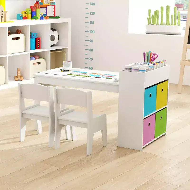 Costway Kids Art Table & Chairs Set with Paper Roll Wooden Craft Study Desk Active Play Gray/Natural