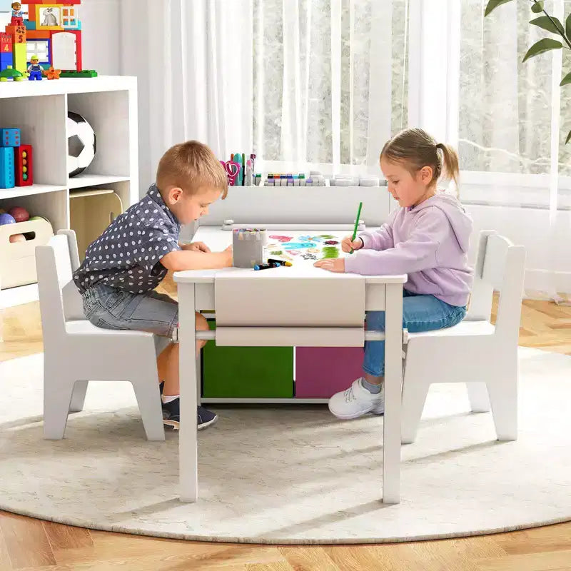 Costway Kids Art Table & Chairs Set with Paper Roll Wooden Craft Study Desk Active Play Gray/Natural