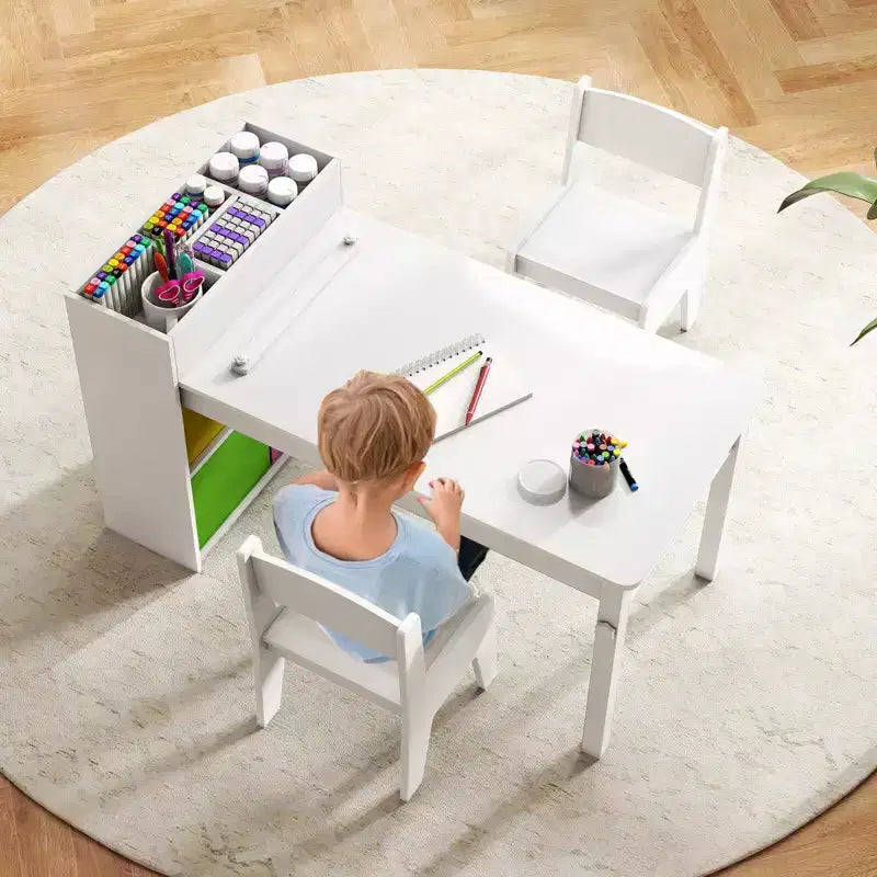Costway Kids Art Table & Chairs Set with Paper Roll Wooden Craft Study Desk Active Play Gray/Natural